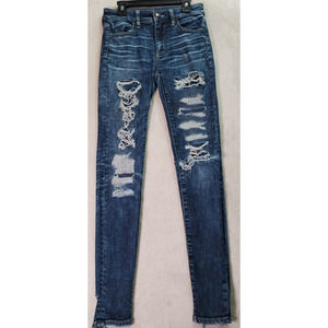 American Eagle Outfitters Jegging Jeans Womens Size 0 Blue Denim Cotton Ripped‎